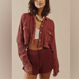 Free People Cropped One Scout Jacket  top shirt blouse button waffles thermal